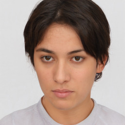 Neutral white young-adult female with short  brown hair and brown eyes