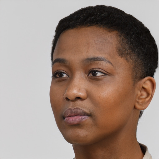 Neutral black young-adult female with short  black hair and brown eyes