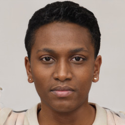 Neutral black young-adult male with short  black hair and brown eyes