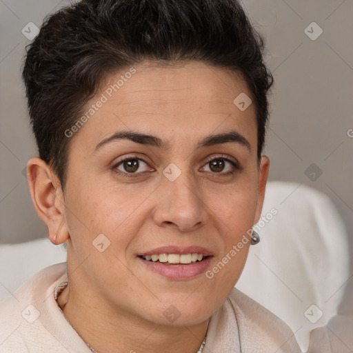 Joyful white young-adult female with short  brown hair and brown eyes