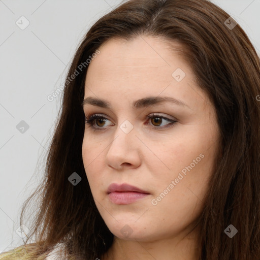 Neutral white young-adult female with long  brown hair and brown eyes