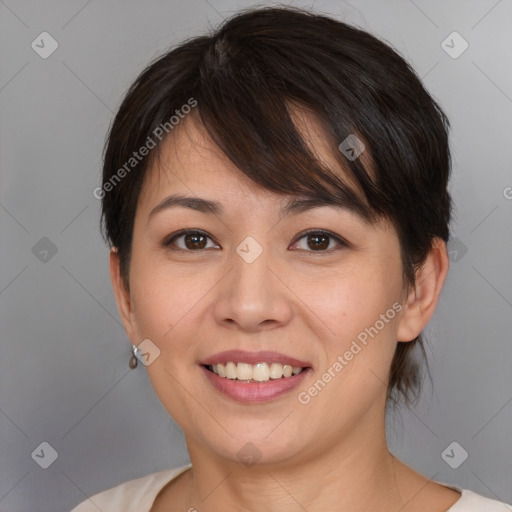 Joyful white young-adult female with medium  brown hair and brown eyes