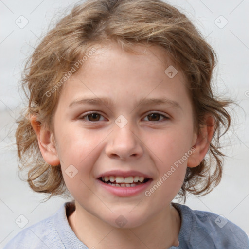 Joyful white child female with medium  brown hair and brown eyes