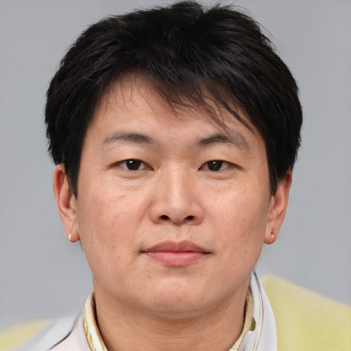 Neutral asian adult male with short  brown hair and brown eyes