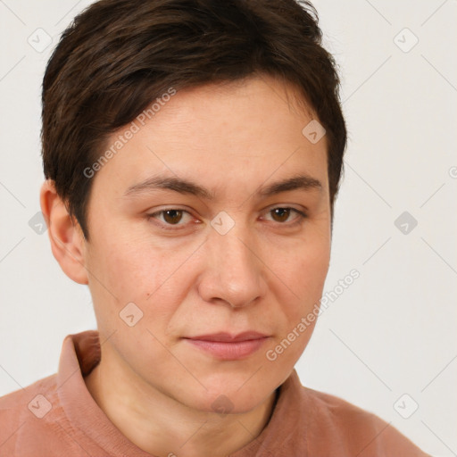 Joyful white young-adult female with short  brown hair and brown eyes