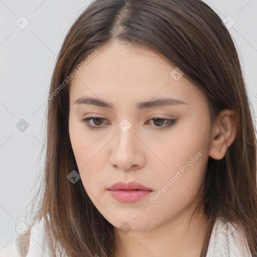 Neutral white young-adult female with long  brown hair and brown eyes