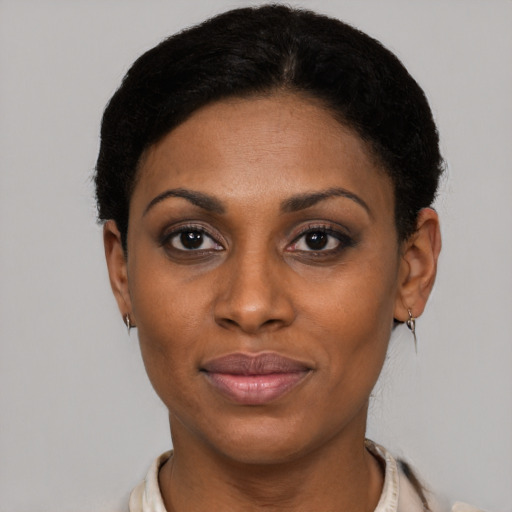 Joyful latino young-adult female with short  black hair and brown eyes