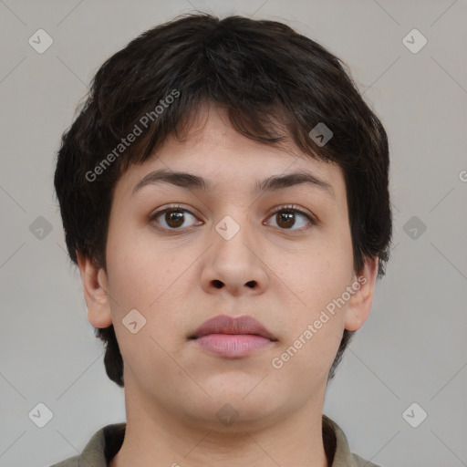 Neutral asian young-adult female with short  brown hair and brown eyes