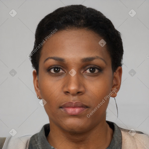 Neutral black young-adult female with short  black hair and brown eyes