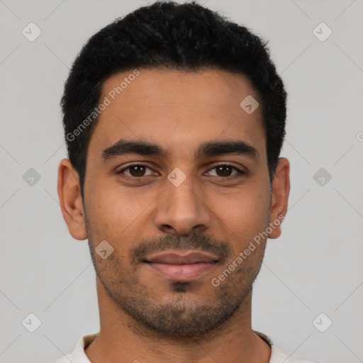 Neutral latino young-adult male with short  black hair and brown eyes