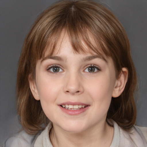 Joyful white child female with medium  brown hair and grey eyes