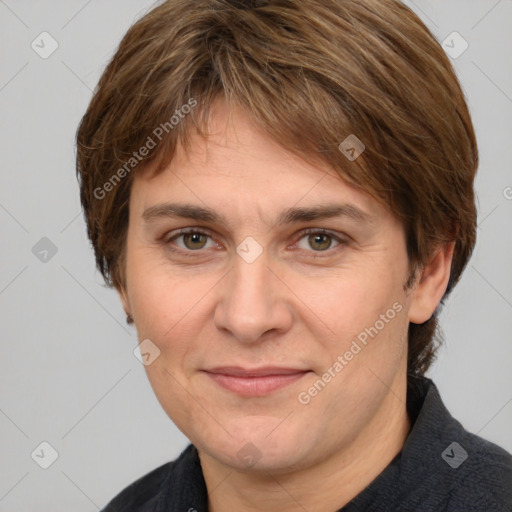 Joyful white adult female with medium  brown hair and grey eyes