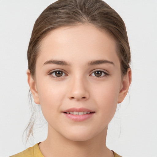 Joyful white child female with medium  brown hair and brown eyes