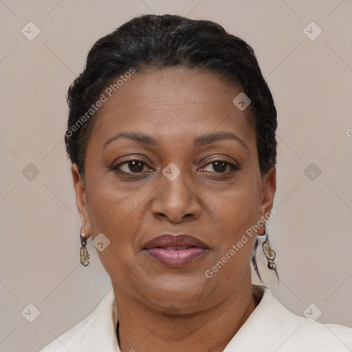 Joyful black adult female with short  brown hair and brown eyes