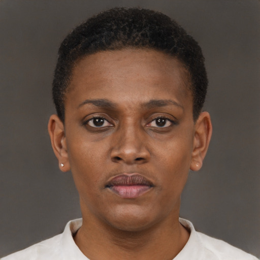 Neutral black young-adult female with short  brown hair and brown eyes