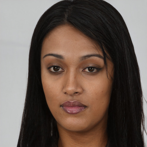Neutral asian young-adult female with long  black hair and brown eyes