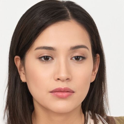 Neutral asian young-adult female with long  brown hair and brown eyes