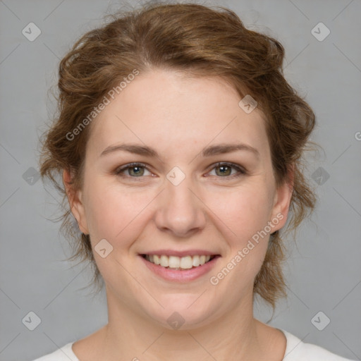 Joyful white young-adult female with medium  brown hair and green eyes