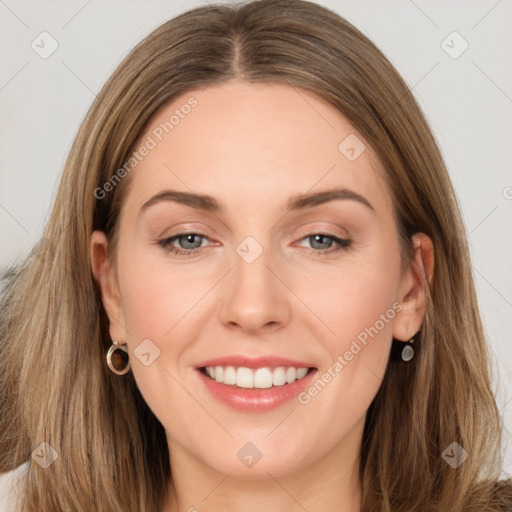 Joyful white young-adult female with long  brown hair and grey eyes