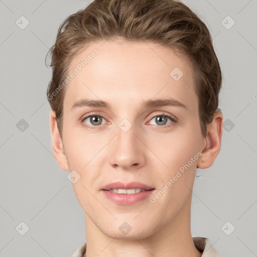 Joyful white young-adult female with short  brown hair and grey eyes