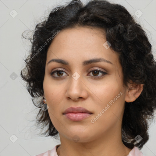 Joyful latino young-adult female with medium  black hair and brown eyes