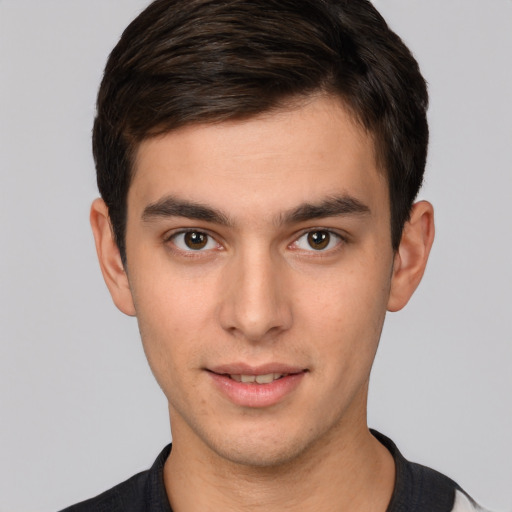 Neutral white young-adult male with short  brown hair and brown eyes