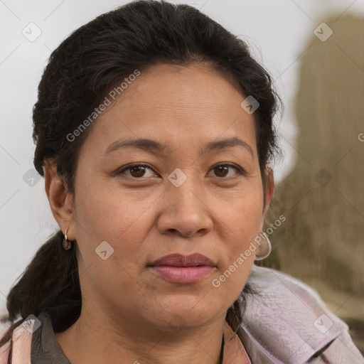 Joyful white adult female with medium  brown hair and brown eyes