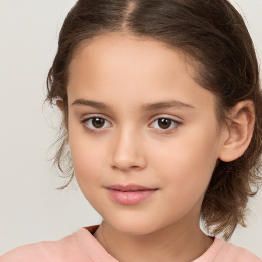 Joyful white child female with medium  brown hair and brown eyes