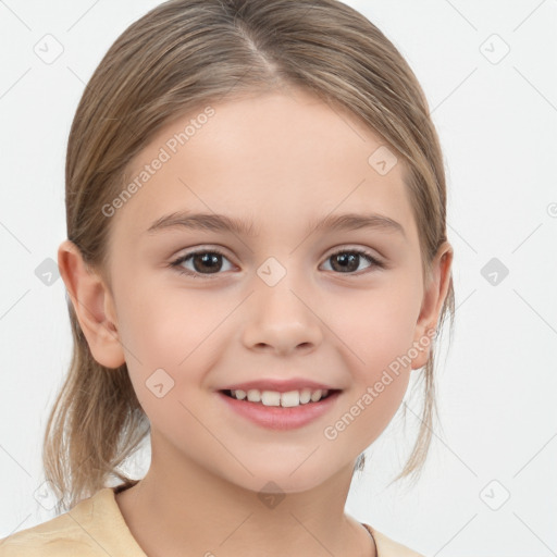 Joyful white child female with medium  brown hair and brown eyes