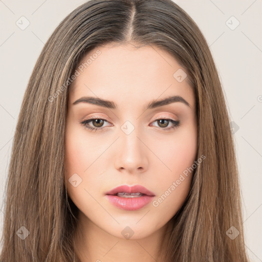 Neutral white young-adult female with long  brown hair and brown eyes