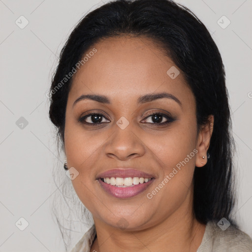 Joyful latino young-adult female with medium  brown hair and brown eyes