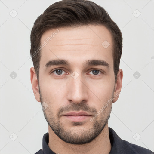 Neutral white young-adult male with short  brown hair and brown eyes