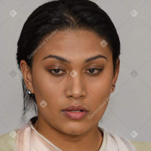 Neutral latino young-adult female with short  brown hair and brown eyes