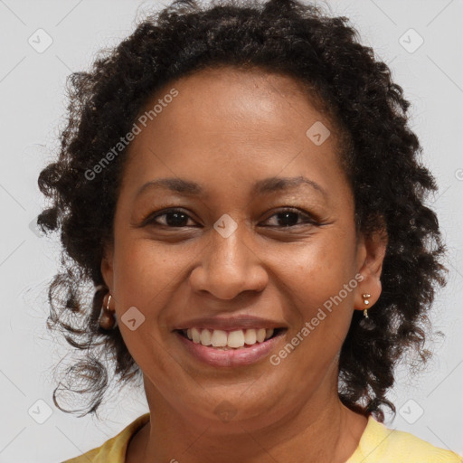 Joyful black adult female with medium  brown hair and brown eyes