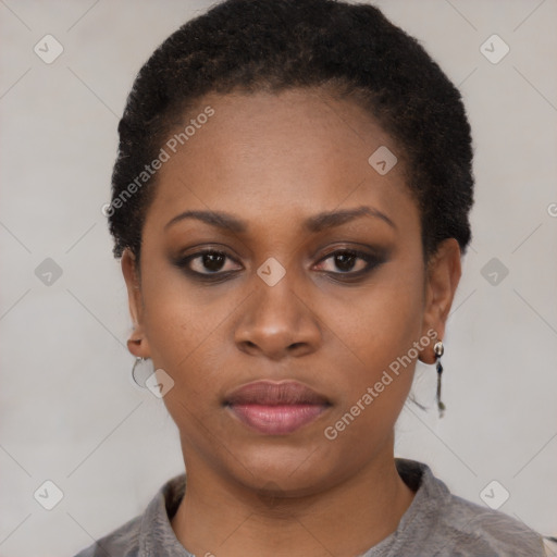 Neutral black young-adult female with short  black hair and brown eyes