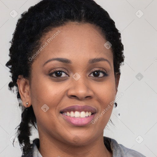 Joyful black young-adult female with medium  black hair and brown eyes