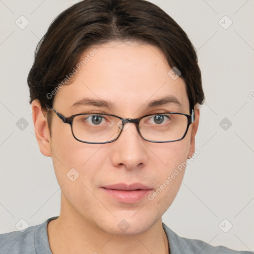 Neutral white young-adult male with short  brown hair and grey eyes