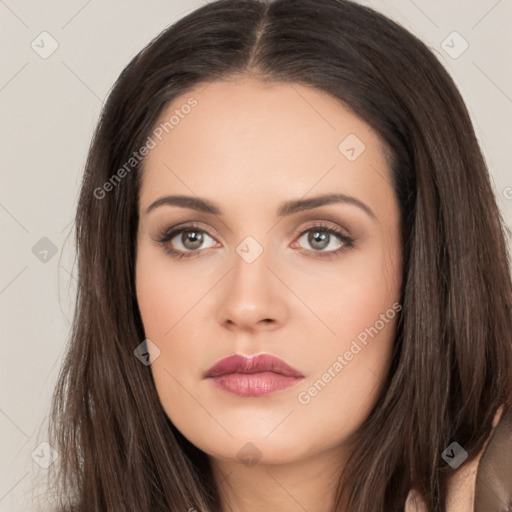 Neutral white young-adult female with long  brown hair and brown eyes