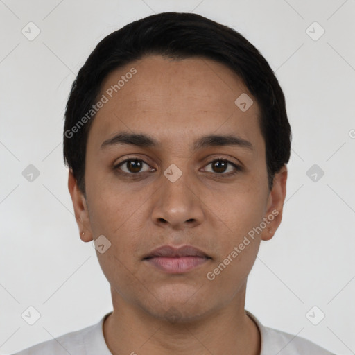 Neutral latino young-adult male with short  black hair and brown eyes