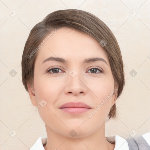 Neutral white young-adult female with medium  brown hair and brown eyes