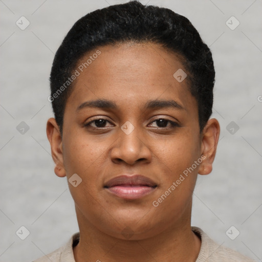 Joyful black young-adult female with short  black hair and brown eyes