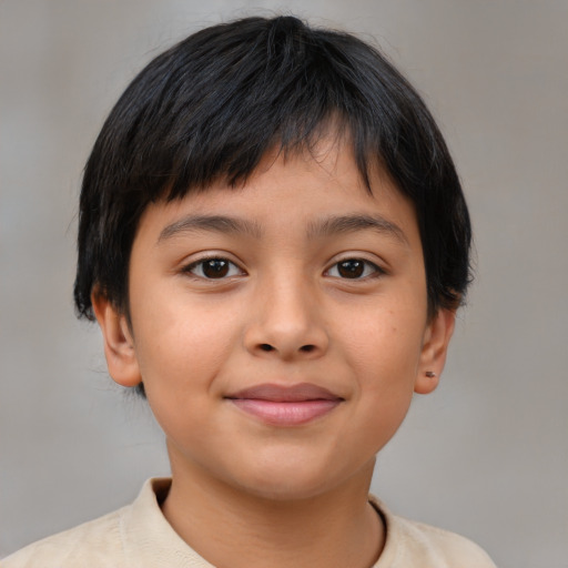 Joyful latino child female with medium  brown hair and brown eyes
