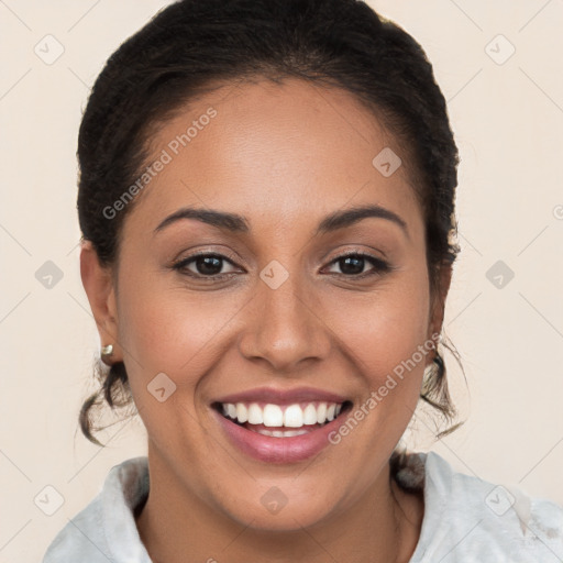 Joyful white young-adult female with long  brown hair and brown eyes