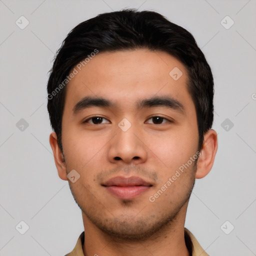 Neutral asian young-adult male with short  black hair and brown eyes