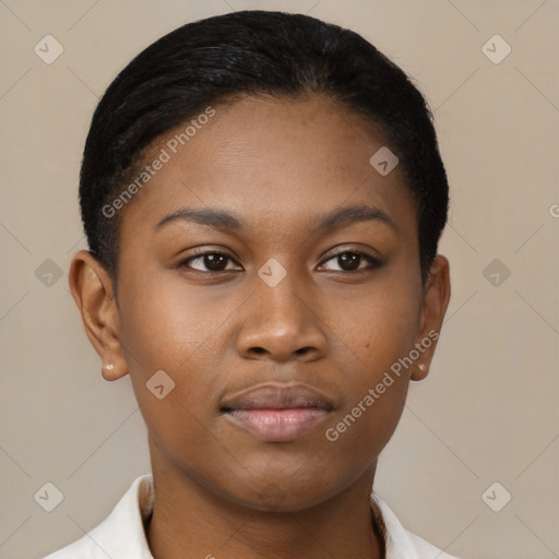 Neutral black young-adult female with short  black hair and brown eyes