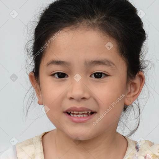 Joyful white child female with medium  brown hair and brown eyes