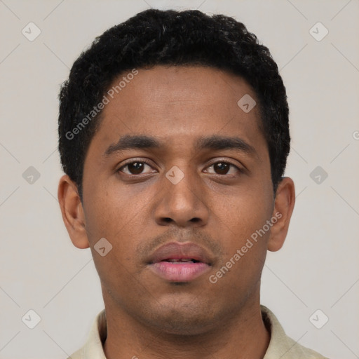 Neutral black young-adult male with short  black hair and brown eyes