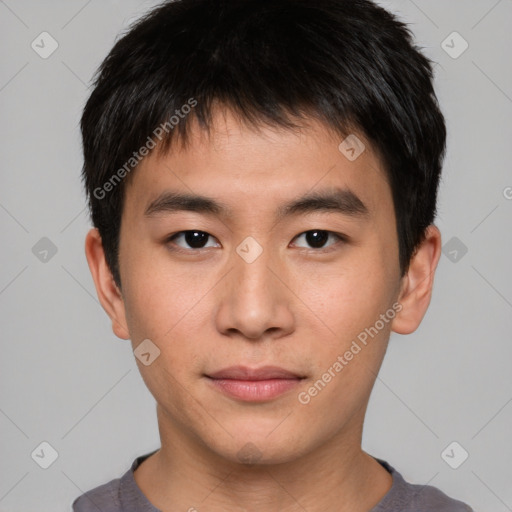 Neutral asian young-adult male with short  brown hair and brown eyes