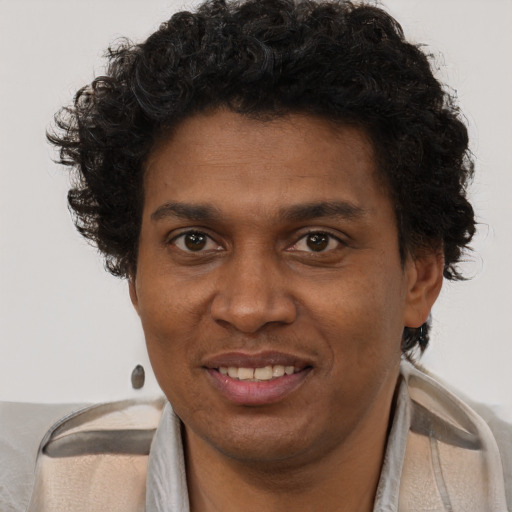 Joyful black young-adult male with short  brown hair and brown eyes