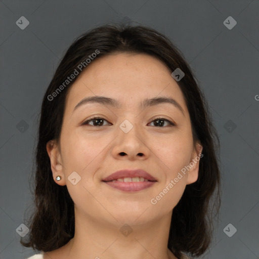 Joyful white young-adult female with long  brown hair and brown eyes